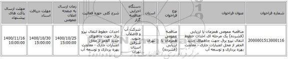 مناقصه عمومی همزمان با ارزیابی (فشرده) یک مرحله ای احداث خطوط انتقال نیرو برق جهت چاههای جدید الحفر از محل اعتبارات جاری - معاونت بهره برداری و توسعه آب