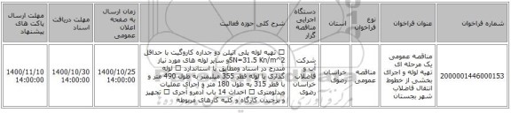 مناقصه عمومی یک مرحله ای تهیه لوله و اجرای بخشی از خطوط انتقال فاضلاب شهر بجستان
