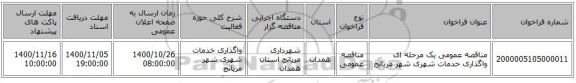 مناقصه عمومی یک مرحله ای واگذاری خدمات شهری شهر مریانج