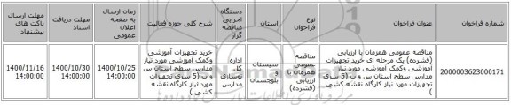 مناقصه عمومی همزمان با ارزیابی (فشرده) یک مرحله ای خرید تجهیزات آموزشی وکمک آموزشی مورد نیاز مدارس سطح استان س و ب (5 سری تجهیزات مورد نیاز کارگاه نقشه کشی )