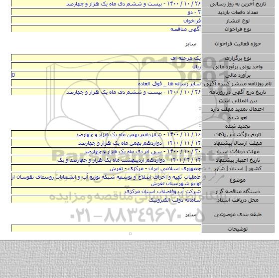 عملیات تهیه و اجرای اصلاح و توسعه شبکه توزیع آب و انشعابات روستای نقوسان از توابع شهرستان تفرش