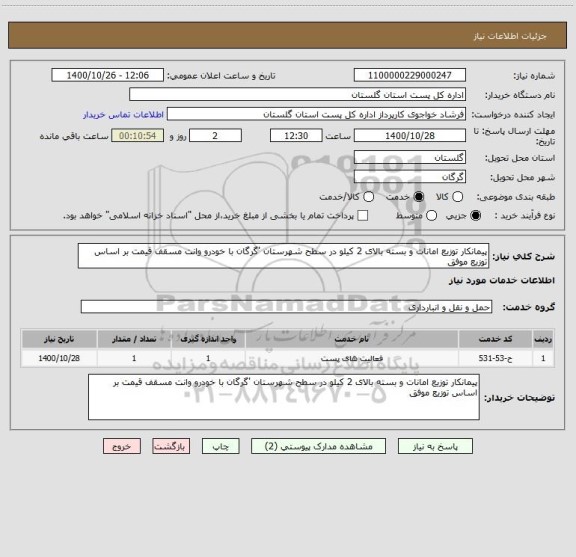 استعلام پیمانکار توزیع امانات و بسته بالای 2 کیلو در سطح شهرستان 'گرگان با خودرو وانت مسقف قیمت بر اساس توزیع موفق