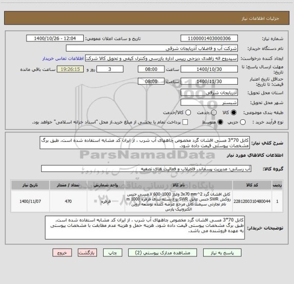 استعلام کابل 70*3 مسی افشان گرد مخصوص چاههای آب شرب ، از ایران کد مشابه استفاده شده است. طبق برگ مشخصات پیوستی قیمت داده شود. 