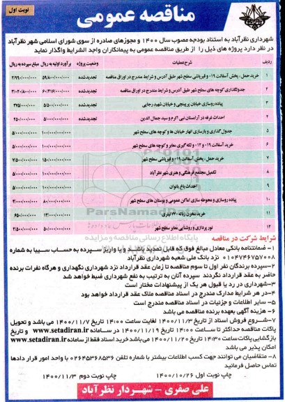 تجدید مناقصه خرید ، حمل پخش آسفالت 019 و قیر پاشی  سطح شهر ....