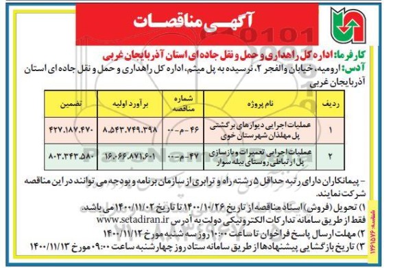آگهی مناقصات عملیات اجرایی دیوارهای برگشتی و...