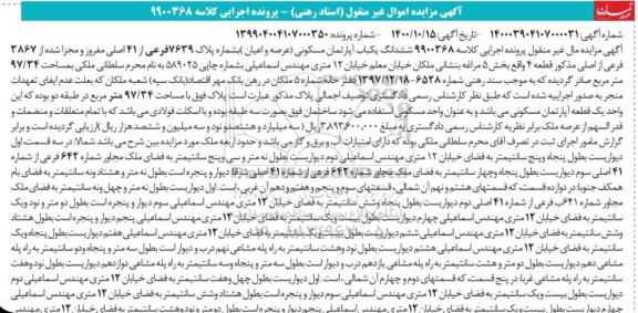 مزایده مزایده ششدانگ یکباب آپارتمان مسکونی