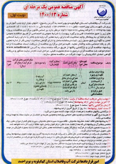 مناقصه، مناقصه پروژه برون سپاری نگهداری و بهره برداری و حفاظت از تاسیسات و خدمات مشترکین