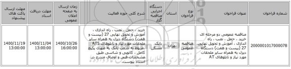 مناقصه عمومی دو مرحله ای خرید ، حمل ، نصب ، راه اندازی ، آموزش و تحویل نهایی 27 (بیست و هفت) دستگاه دیزل به همراه سایر ملحقات مورد نیاز و تابلوهای ‏AT