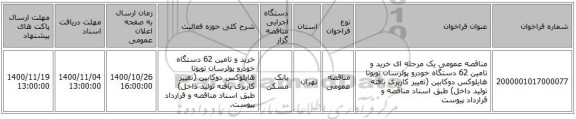 مناقصه عمومی یک مرحله ای خرید و تامین 62 دستگاه خودرو پولرسان تویوتا هایلوکس دوکابین (تغییر کاربری یافته تولید داخل) طبق اسناد ‏مناقصه و قرارداد پیوست