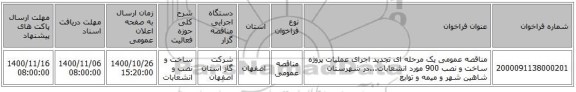 مناقصه عمومی یک مرحله ای تجدید اجرای عملیات پروژه ساخت و نصب 900 مورد انشعابات...در شهرستان شاهین شهر و میمه و توابع 