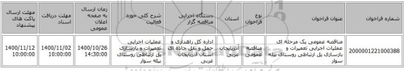 مناقصه عمومی یک مرحله ای عملیات اجرایی تعمیرات و بازسازی پل ارتباطی روستای بیله سوار ‏‏‏‏