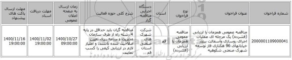 مناقصه عمومی همزمان با ارزیابی (فشرده) یک مرحله ای عملیات اجرای روسازی وآسفالت بیندر خیابانهای 96 هکتاری فاز توسعه شهرک صنعتی شکوهیه