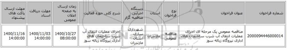 مناقصه عمومی یک مرحله ای اجرای عملیات انتقال آب شرب ساختمان های اداری نیروگاه زباله سوز