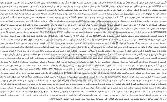 آگهی مزایده 6 دانگ یک باب/قطعه پلاک ثبتی 12246 فرعی از 141 اصلی