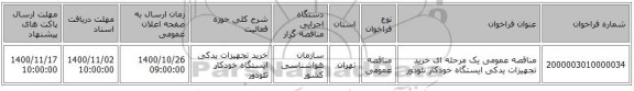 مناقصه عمومی یک مرحله ای خرید تجهیزات یدکی ایستگاه خودکار تئودور