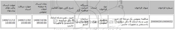 مناقصه عمومی یک مرحله ای خرید ، نصب و راه اندازی 8 دکل شکننده بادسنجی و تجهیزات جانبی