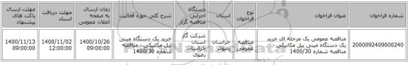 مناقصه عمومی یک مرحله ای خرید یک دستگاه مینی بیل مکانیکی - مناقصه شماره 1400/30