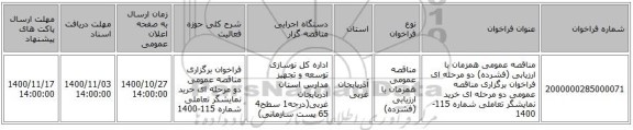 مناقصه عمومی همزمان با ارزیابی (فشرده) دو مرحله ای فراخوان برگزاری مناقصه عمومی دو مرحله ای خرید نمایشگر تعاملی شماره   115-1400