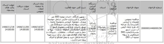 مناقصه عمومی همزمان با ارزیابی (فشرده) یک مرحله ای طرح ارتقاء کیفی آب شرب شهر بجستان(مخزن  500 مترمکعبی و سوله تصفیه آب RO) 