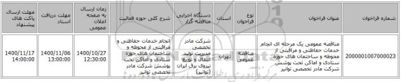 مناقصه عمومی یک مرحله ای انجام خدمات حفاظتی و مراقبتی از محوطه و ساختمان های حوزه ستادی و اماکن تحت پوشش شرکت مادر تخصصی توانیر