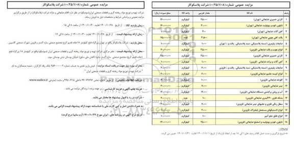 مزایده اقلام ضایعاتی و مازاد شرکت (پلاسکوکار)