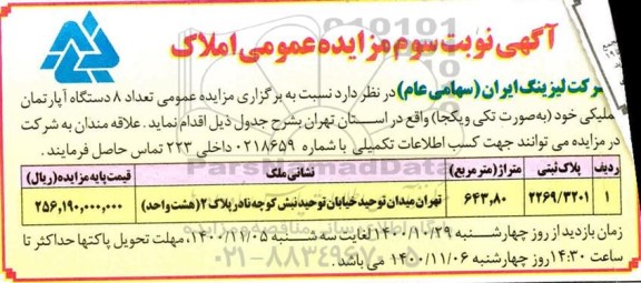 مزایده،مزایده 8 دستگاه آپارتمان تملیکی 643.80 مترمربع 