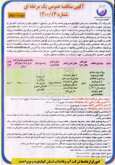 مناقصه، مناقصه پروژه برون سپاری نگهداری و بهره برداری و حفاظت از تاسیسات و خدمات مشترکین- نوبت دوم 
