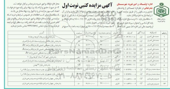 مزایده اجاره  تعدادی از واحدهای تجاری و مسکونی