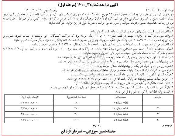مزایده،مزایده فروش 4 قطعه زمین با کاربری مسکونی نوبت دوم مرحله اول