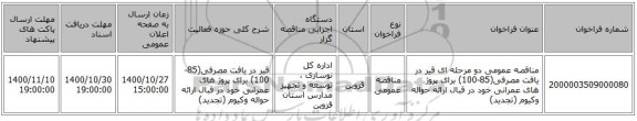 مناقصه عمومی دو مرحله ای قیر در یافت مصرفی(85-100) برای پروژ های عمرانی خود در قبال ارائه حواله وکیوم (تجدید)