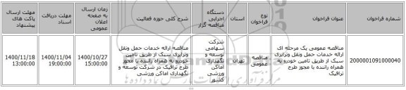 مناقصه عمومی یک مرحله ای ارائه خدمات حمل ونقل وترابری سبک از طریق تامین خودرو به همراه راننده با مجوز طرح ترافیک