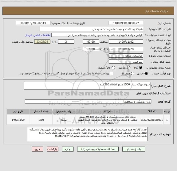 استعلام سوند بزرگ سال 1500عددو اطفال 200عدد