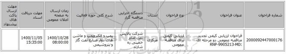 فراخوان ارزیابی کیفی تجدید مناقصه عمومی دو مرحله ای :RNP-9905213-MD