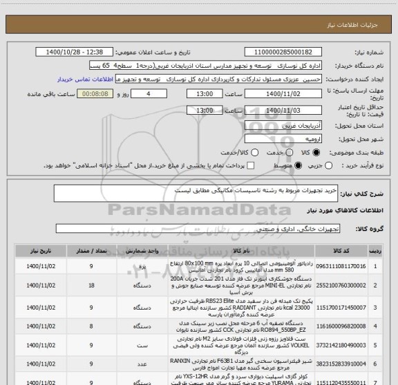 استعلام خرید تجهیزات مربوط به رشته تاسیسات مکانیکی مطابق لیست