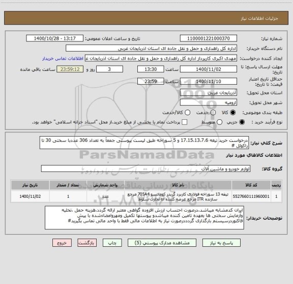 استعلام درخواست خرید تیغه 17،15،13،7،6 و 5 سوراخه طبق لیست پیوستی جمعآ به تعداد 306 عددبا سختی 30 تا راکوئل #