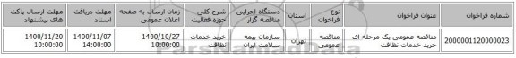 مناقصه عمومی یک مرحله ای خرید خدمات نظافت