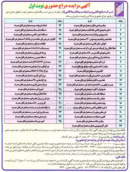 مزایده حراج حضوری دستگاه های مستعمل