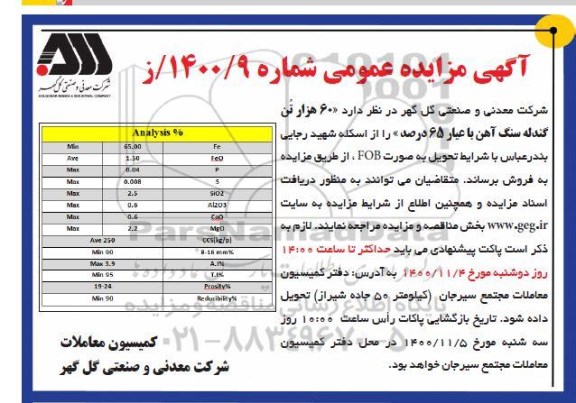 مزایده فروش 60 هزار تن گندله سنگ آهن
