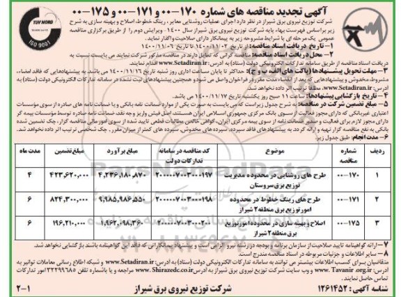 مناقصه اجرای عملیات روشنایی معابر ، رینگ خطوط ... تجدید