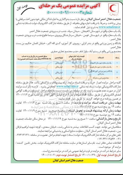 مزایده واگذاری به اجاره اماکن ملکی 