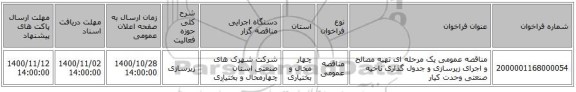 مناقصه عمومی یک مرحله ای تهیه مصالح و اجرای زیرسازی و جدول گذاری ناحیه صنعتی وحدت کیار