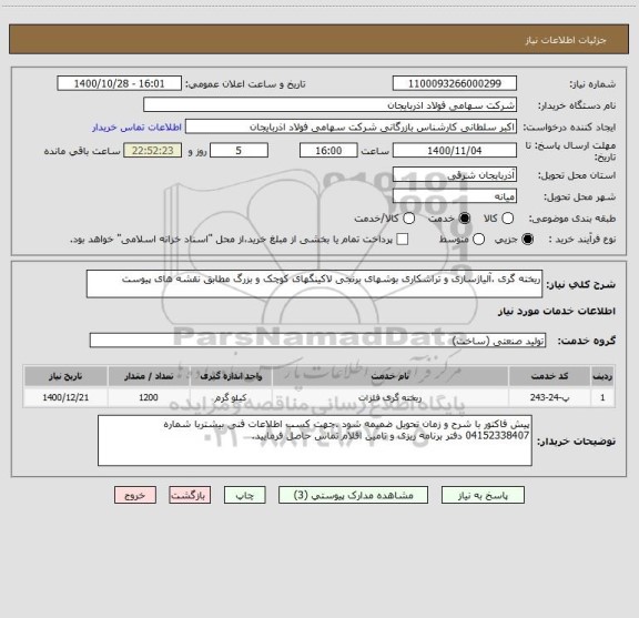 استعلام ریخته گری ،آلیاژسازی و تراشکاری بوشهای برنجی لاکینگهای کوچک و بزرگ مطابق نقشه های پیوست