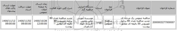مناقصه عمومی یک مرحله ای تجدید مناقصه تعداد 80 برنامه تلویزیونی 50 دقیقه ای مطابق پیوست