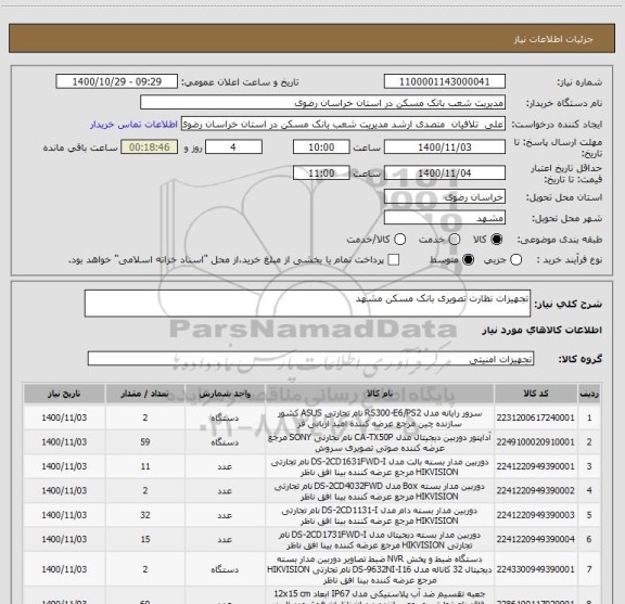 استعلام تجهیزات نظارت تصویری بانک مسکن مشهد 