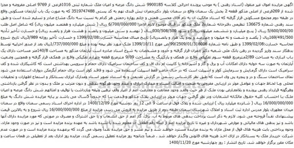آگهی مزایده شش دانگ عرصه و اعیان ملک شماره ثبتی 1016فرعی از 9769 اصلی