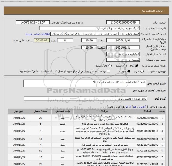 استعلام خرید قطعات اتوبوس اسکانیا،مارال،ده تن و 911