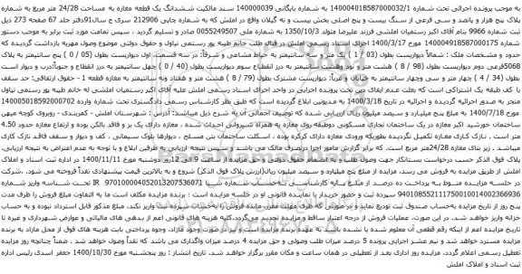 آگهی مزایده ششدانگ یک قطعه مغازه به مساحت 24/28 متر مربع