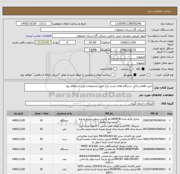 استعلام خرید اقلام یدکی دستگاه های نشت یاب طبق مشخصات فرم استعلام بها