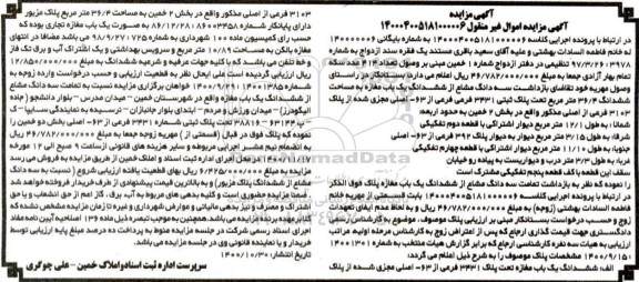 مزایده مزایده سه دانگ مشاع از ششدانگ یکباب مغازه
