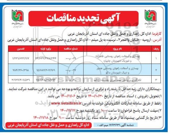 تجدید مناقصات بهسازی و آسفالت راههای روستایی و...